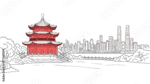 Traditional chinese pagoda with modern city skyline in minimalist line art style