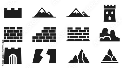Silhouette icons of castles, mountains, and walls for minimalist designs