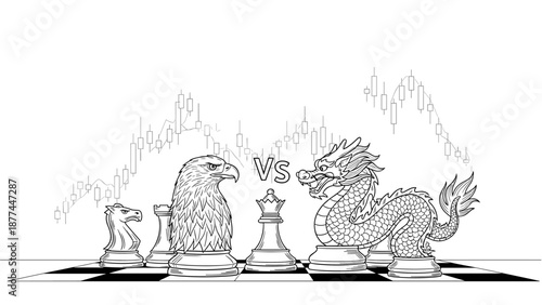 Chess battle of eagle and dragon with economic graph background