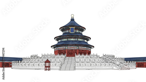 Detailed architectural drawing of historic asian temple with intricate design