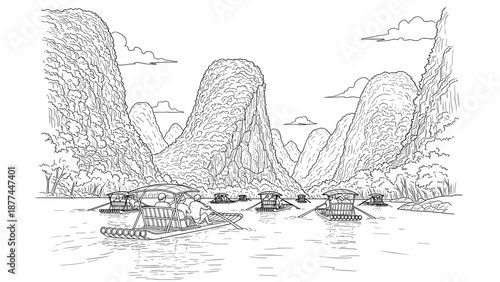 Scenic river journey through majestic karst mountains in detailed line art