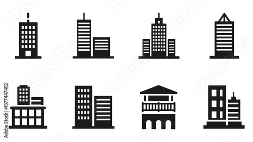 Minimalist black silhouette icons of urban skyscrapers and buildings