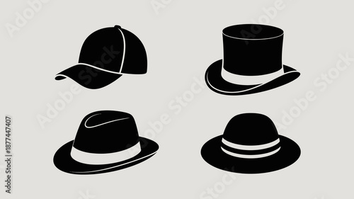 A collection of black silhouette hats is displayed showcasing a baseball cap a top hat a fedora and a bowler hat design high quality professional detailed