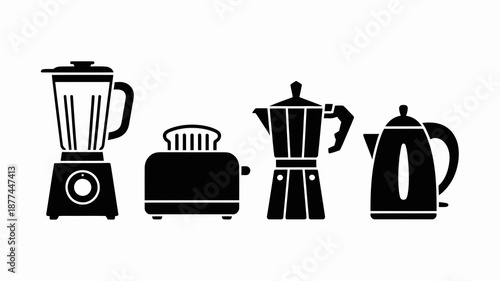a collection of common kitchen appliances is displayed in black silhouettes including a blender toaster coffee maker and electric kettle high quality professional detailed modern elegant
