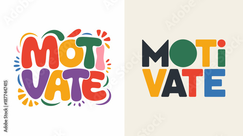 A vibrant illustration presents the word motive in two distinct color schemes showcasing creative typography and design variations for visual appeal high quality professional detailed modern