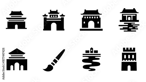 Silhouette icons of asian architecture and calligraphy elements