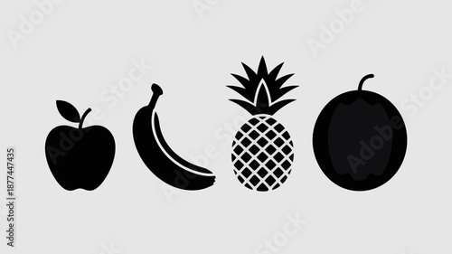 a simple illustration showcases four distinct fruits an apple a banana a pineapple and a plum in a minimalist black and white style high quality professional