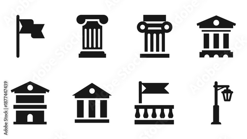 Set of minimalist building and architecture icon set with classic columns and flags