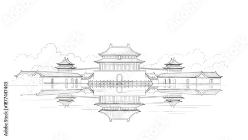 Traditional chinese architecture sketch with reflections and clouds in minimalist style