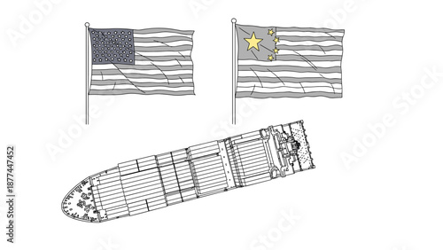 Monochrome sketch of cargo ship and american flags with unique design elements