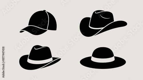 a minimalist depiction showcases four distinct silhouettes of hats including a baseball cap cowboy hat fedora and a classic bowler hat high quality professional detailed modern
