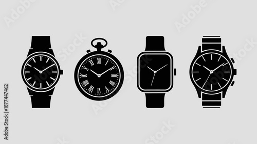 a collection of four distinct timekeeping devices is presented showcasing a pocket watch classic wristwatches and a modern smartwatch design high quality professional detailed elegant stylish