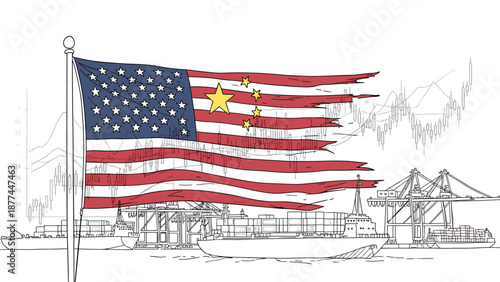 Economic rivalry: dual flag and trade ships illustration with stock market trends