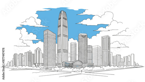 Hand-drawn cityscape with modern skyscrapers against a blue sky