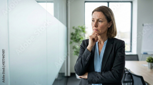 Thoughtful Businesswoman Sitting in Modern Office Cubicle