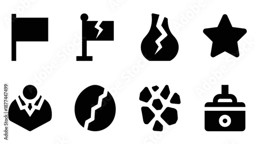 Broken symbol icons: flat compact designs with cracked elements in bold silhouette style