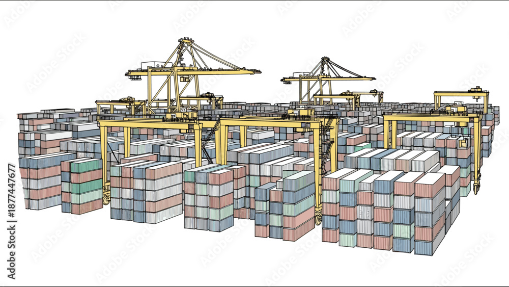 Obraz premium Cargo port with cranes and shipping containers in detailed sketch style