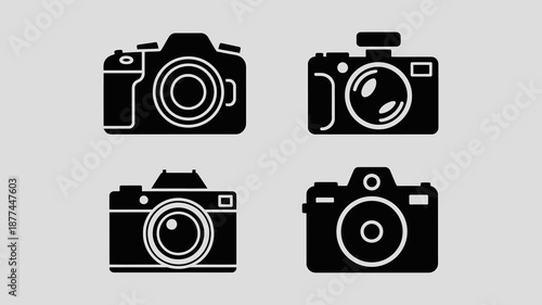 a collection of four black silhouette camera icons displayed against a light gray background representing photography and visual technology high quality professional detailed modern elegant stylish