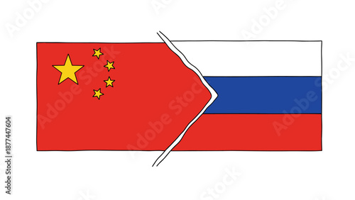 Split flags of china and russia in minimalist design representing diplomatic relations