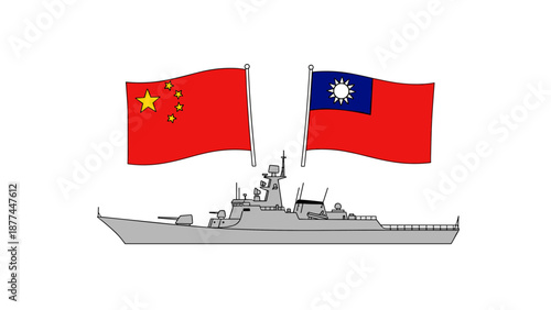Warship and national flags of china and taiwan on white background