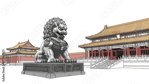 Detailed architectural drawing of traditional asian temple with stone guardian