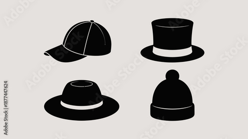 a minimalist depiction of four distinct hat silhouettes showcasing a baseball cap top hat fedora and knitted beanie on a neutral background high quality professional detailed