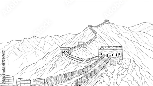 Great wall outline with mountain background in linear style