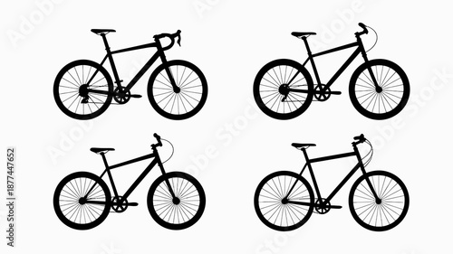 a simple illustration displaying four different silhouettes of bicycles each with varying frame and tire designs on a white background high quality professional detailed modern elegant