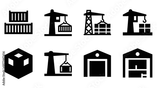 Industrial logistics icons set: warehouse, crane, cargo, shipping in silhouette style