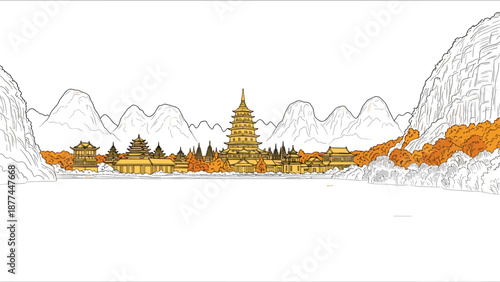 Scenic temple landscape with mountains and autumn trees in linear art style