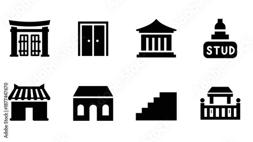 Minimalist architecture icons collection: temples, pagodas, structures, and pillars