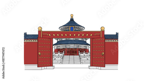 Ancient temple gate with open doors in traditional architecture style