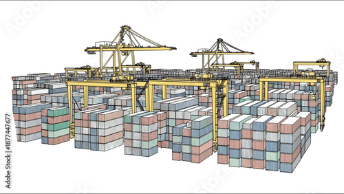 Cargo port with cranes and shipping containers in detailed sketch style