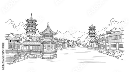 Traditional asian landscape with pagodas and river in monochrome line art