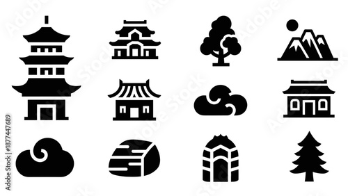 Traditional japanese icons collection: pagodas, nature, and architecture in bold silhouette design