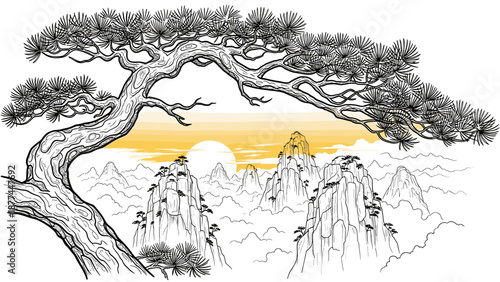 Sunrise over chinese mountains with pine tree and misty peaks
