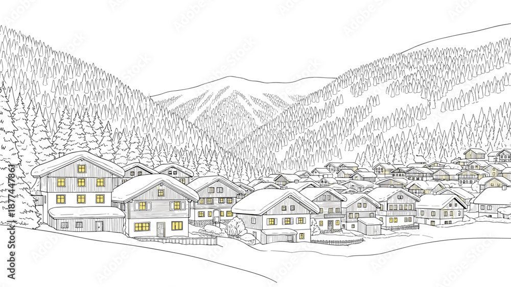 Obraz premium Charming snow-covered alpine village landscape with cozy wooden cabins