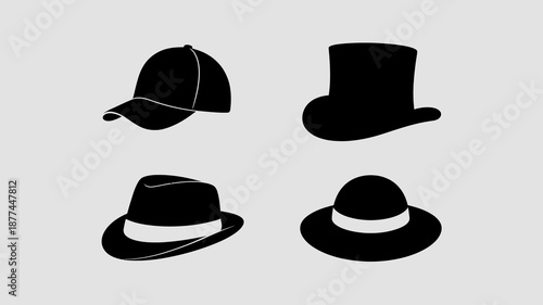 a minimalist depiction showcases four distinct hat silhouettes against a light gray backdrop exemplifying various styles and forms of headwear high quality professional detailed modern elegant