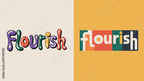 a visual comparison showcasing the word flourish depicted twice with distinct stylistic variations in typography and color schemes split screen high quality professional detailed modern elegant