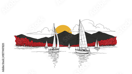 Sailboats on serene lake at sunset with mountains and red forest silhouette