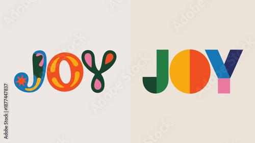 a vibrant artistic composition displays the word joy in two distinct colorful arrangements showcasing a playful typographic design and aesthetic appeal high quality professional detailed modern