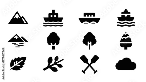 Minimalist nature and travel icons: trees, mountains, boats, leaves, and more