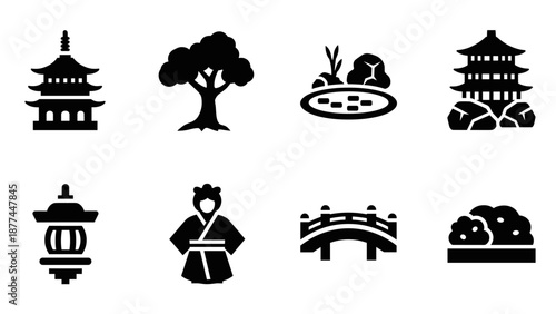Japanese cultural icons: pagoda, kimono, and garden elements in silhouette style