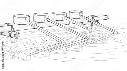 Aquaponics system in water with circular tanks and piping overview