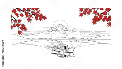 Mountain lake with boat and red maple leaves in minimalist line art style