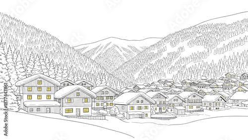 Charming snow-covered alpine village landscape with cozy wooden cabins