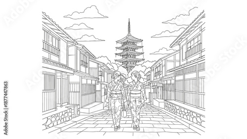Traditional street scene with pagoda and kimono-clad women in line art