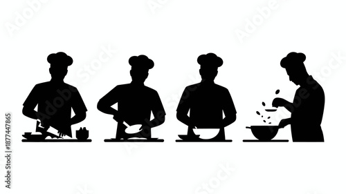 a silhouetted depiction showcases four chefs in various cooking poses preparing food with focused dedication and culinary expertise high quality professional detailed modern elegant stylish clean