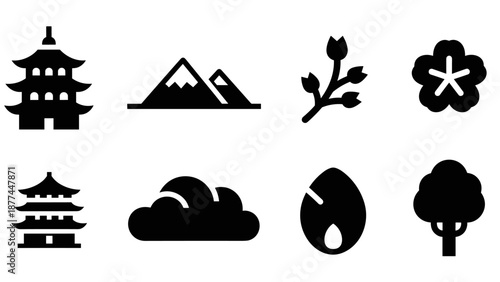 Minimalist asian icons: pagoda, mountains, flower and more in black silhouette