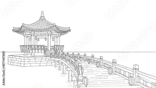 Traditional asian pavilion with curved walkway in linear black and white design